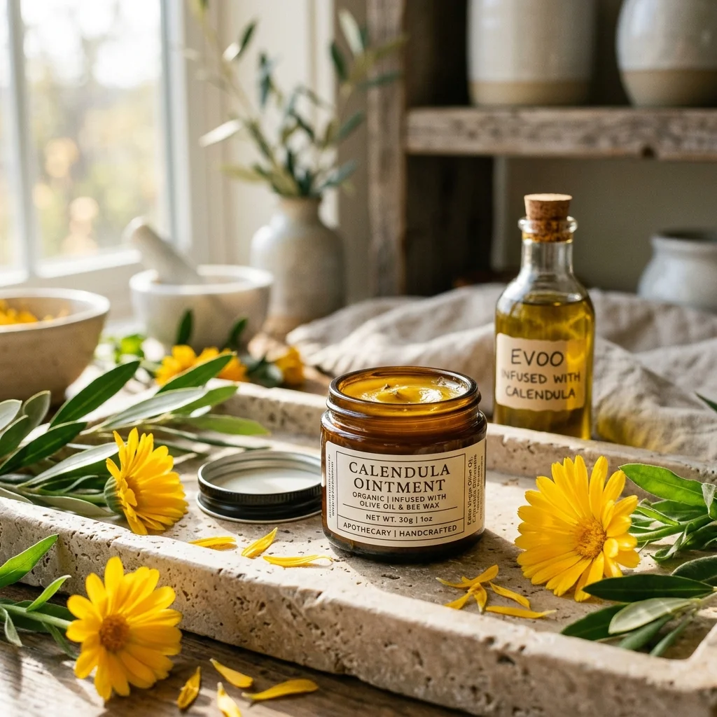 Bálsamo Reparador de Caléndula y Aceite de Oliva - Ungüento balsámico tradicional formulado para aliviar quemaduras leves, irritaciones de la piel y sequedad extrema mediante flores de caléndula maceradas en aceite de oliva y cera de abejas.
