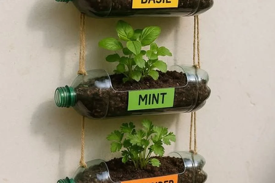 Recipe: Vertical Garden with Plastic Bottles - Optimize urban space by growing aromatic plants, lettuce and strawberries in a modular vertical structure made with reused plastic bottles.