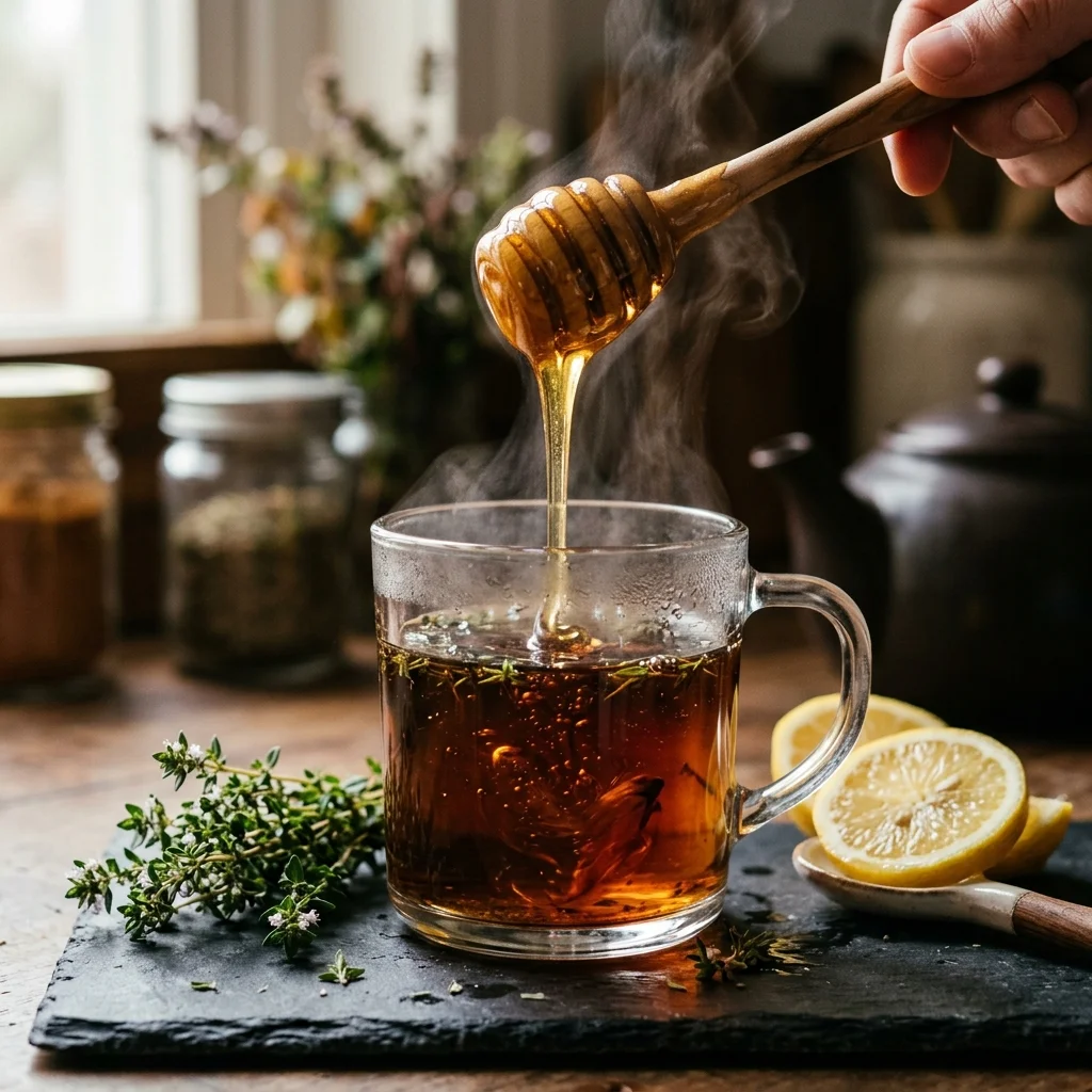 Receita: Xarope natural de tomilho e mel para tosse - Remédio da avó para aliviar a tosse, desobstruir os brônquios e acalmar a garganta irritada com uma infusão concentrada de tomilho selvagem e mel puro.