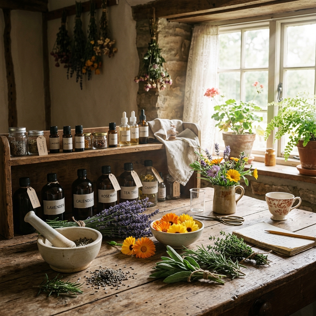 Taller rústico botánico con hierbas secas y aceites esenciales