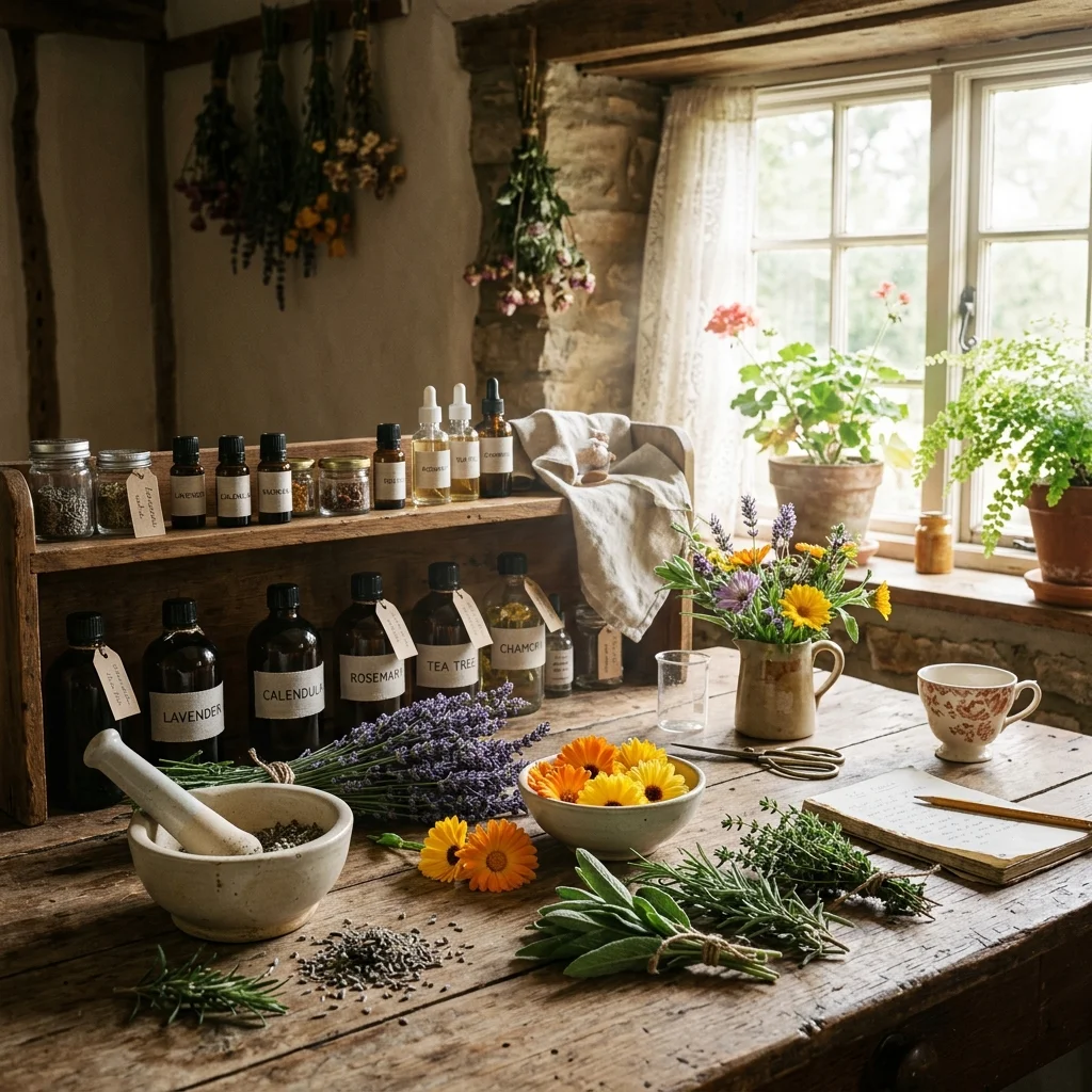 Taller rústico botánico con hierbas secas y aceites esenciales